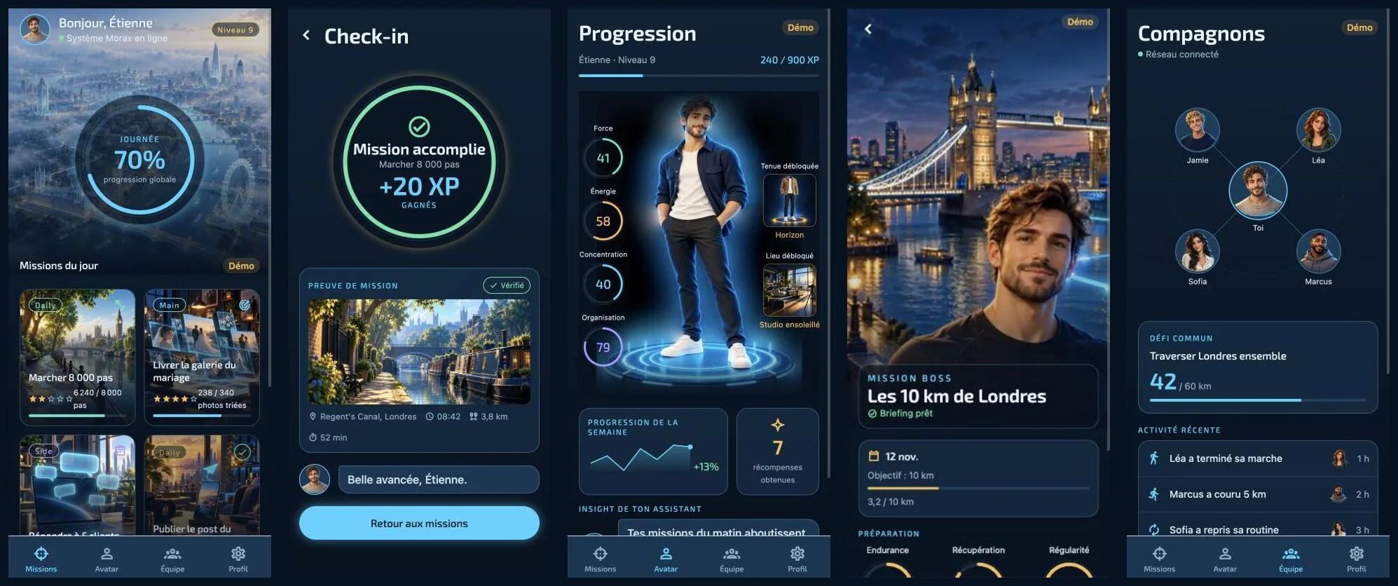 Five screens of Morax The Game side by side on a dark blue interface: the day's missions with a progress ring, a completed mission check-in, the avatar with its four attributes, a boss mission over a city at night, and a companions screen. Each screen carries a Demo label.